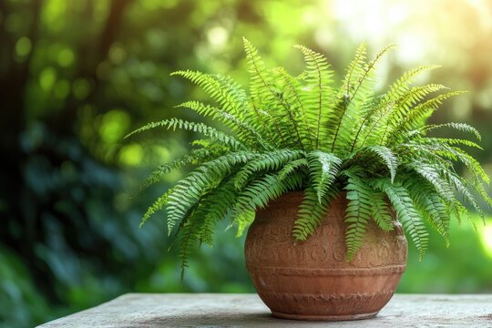 Lush green fern plant in a rustic terracotta pot, bathed in sunlight against a blurred green background.