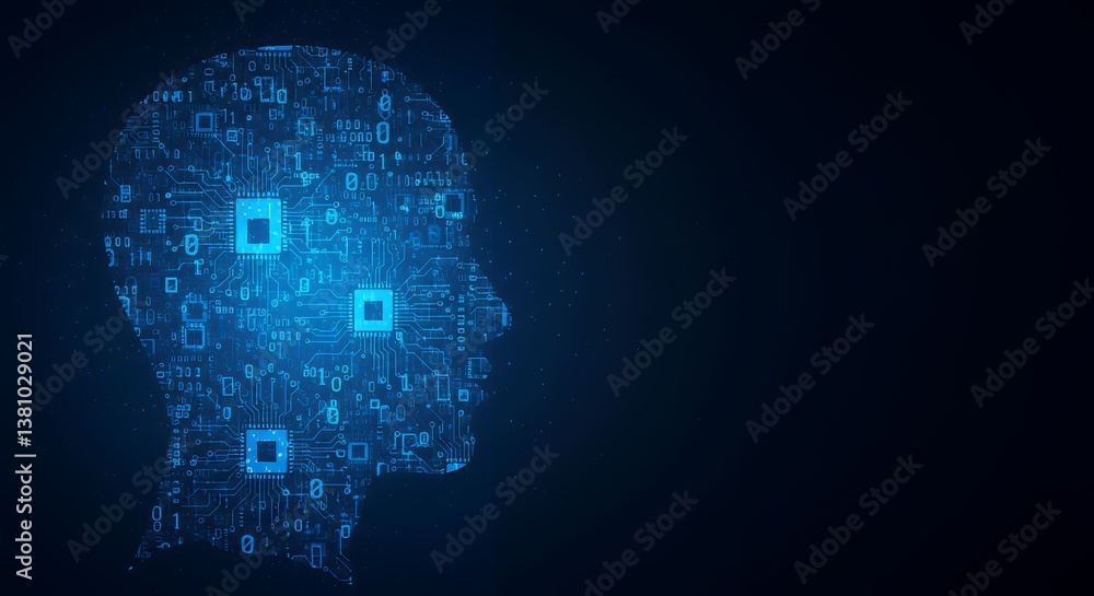 Poster abstract head profile formed by circuit board and binary code, concept for ai, technology, and digit