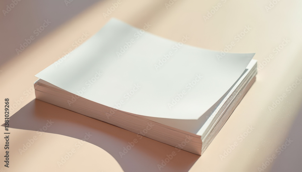 Poster a stack of white paper sheets rests on a light surface, with the top sheet curling slightly at the c