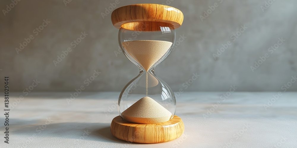 Poster sand timer displays the passage of time in a minimalist setting with natural light