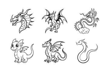 Collection of Cute Cartoon Dragons in Black and White Outline
