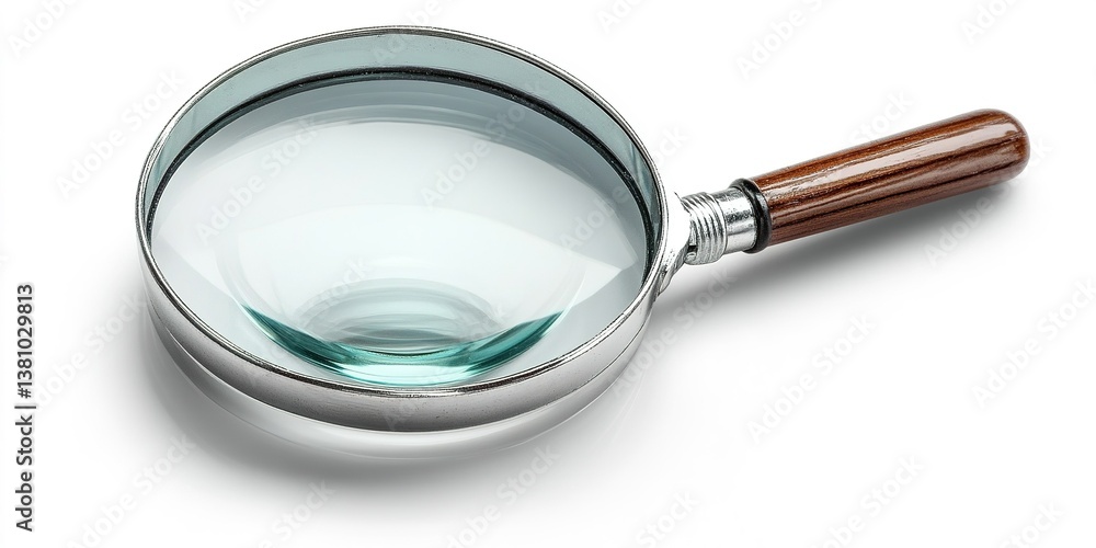 Aufkleber magnifying glass with a wooden handle resting on a white surface for examining details and objects c
