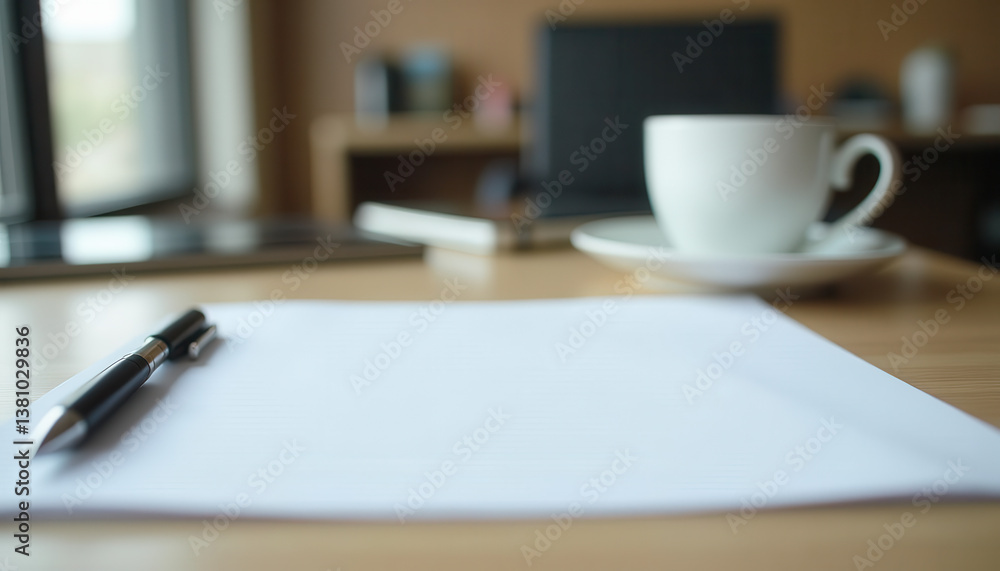 Poster a neat stack of white paper rests on a smooth wooden table, bathed in natural sunlight. the play of 