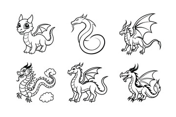 Collection of Cute Cartoon Dragons in Black and White Outline
