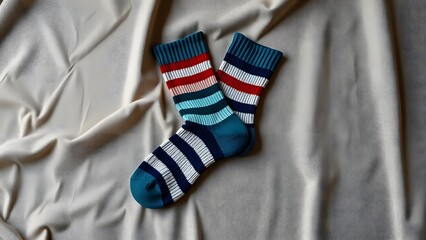 Colorful striped socks on fabric background showcasing casual fashion accessory with comfortable design and cozy style in a contemporary setting.