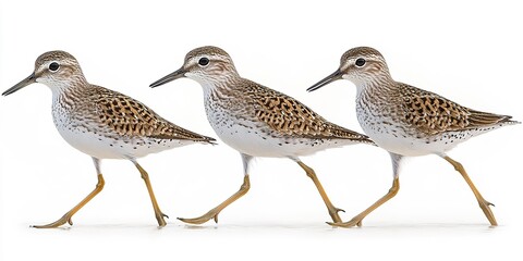 Trio of shorebirds walking along the shore in a coastal habitat during daylight hours