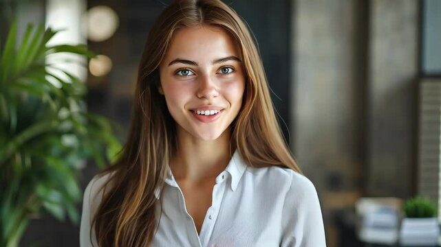 Young smiling professional woman talks and gesticulates with hands
