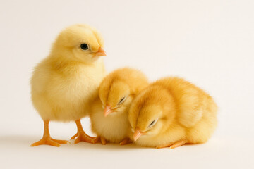 Fototapeta premium Three adorable baby chicks on a white background — fluffy yellow Easter symbol with two sleeping and one standing