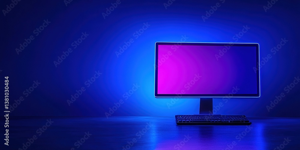 Poster colorful illuminated desktop computer setup in a dark room showcasing modern technology