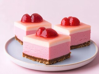 Delicate Cheesecake Slices with Fruit Toppings on Soft Pink Background