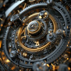 Fototapeta premium Detailed close-up view of intricate clockwork gears, showcasing a complex system of interconnected mechanisms