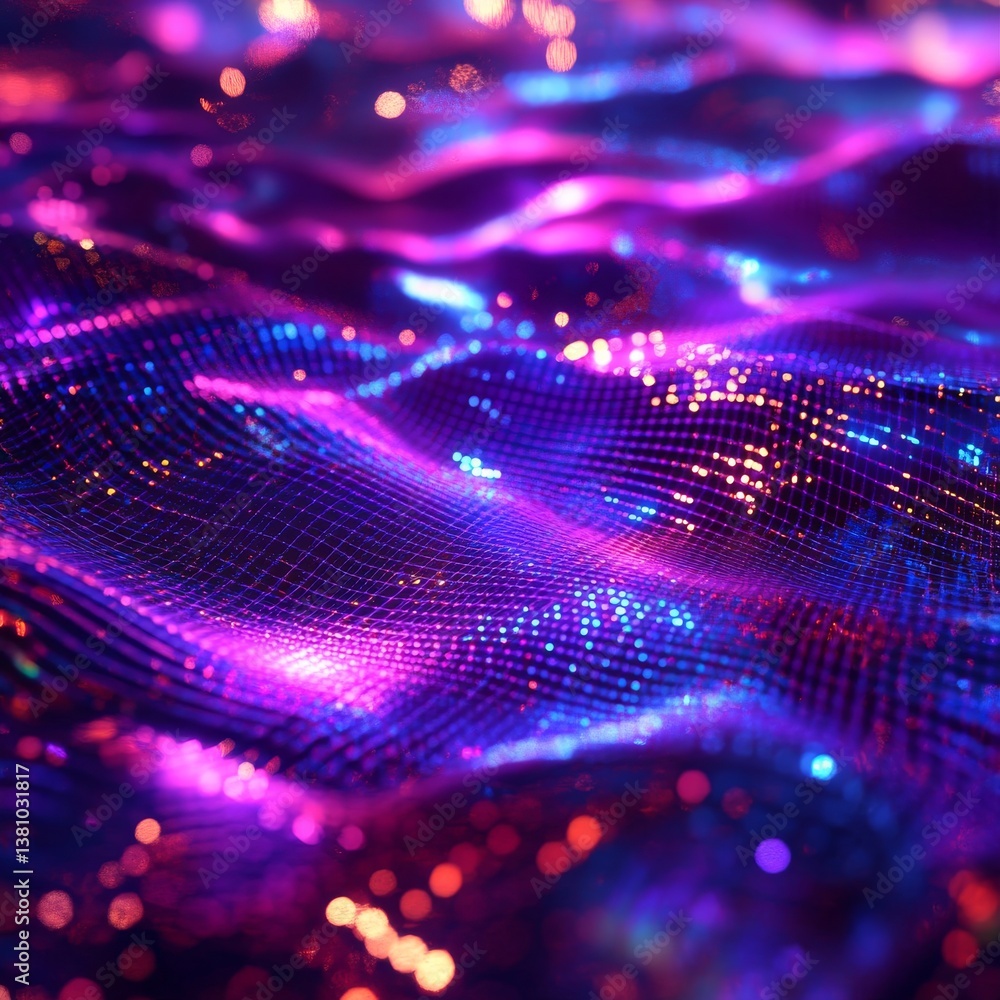Poster abstract cyberpunk landscape: wavy grid with glowing particles and vibrant neon colors