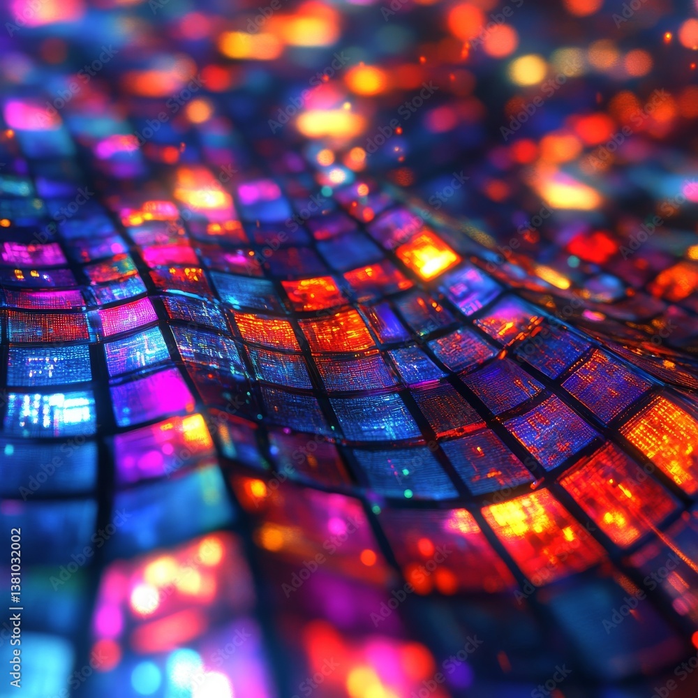 Poster abstract wavy grid of neon squares: vibrant mosaic with a techno-futuristic, cyberpunk aesthetic and