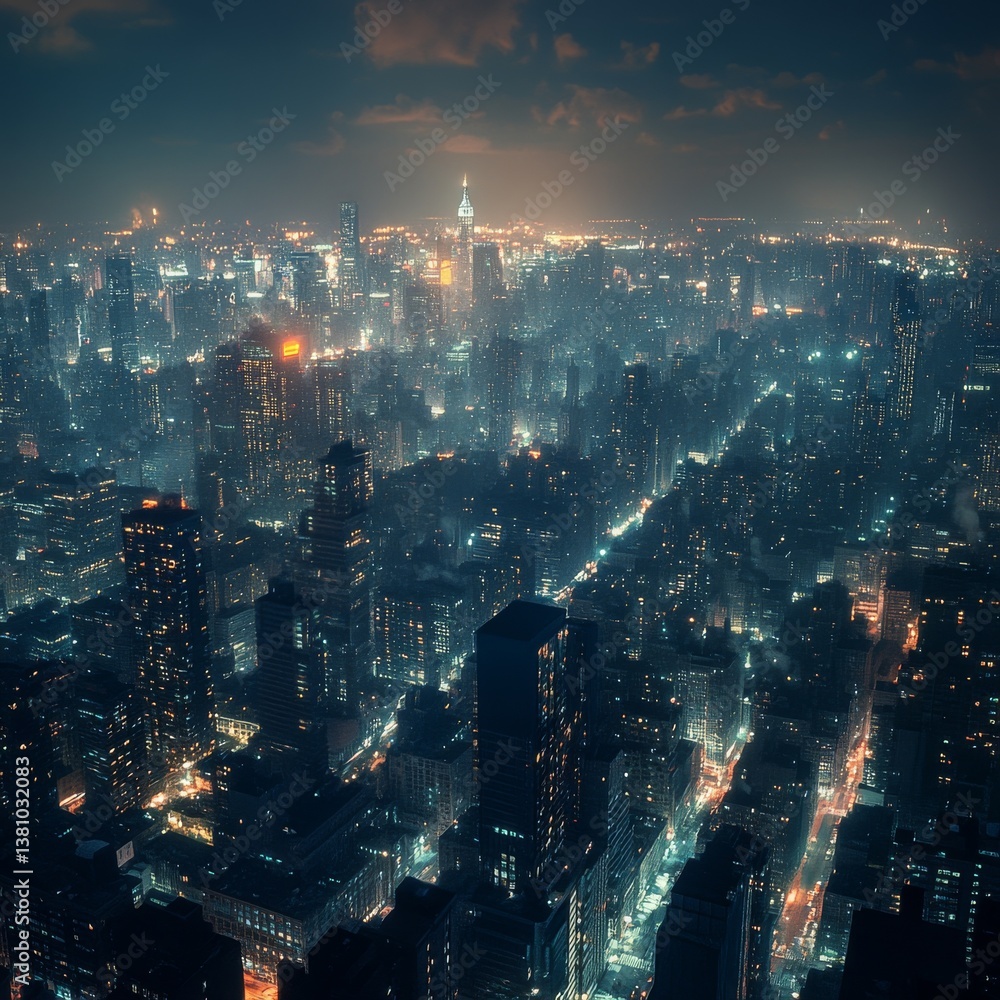 Poster A Dazzling Nightscape: Elevated View of a Dense Urban Cityscape Shimmering with Countless Lights and Skyline Glow