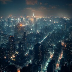 A Dazzling Nightscape: Elevated View of a Dense Urban Cityscape Shimmering with Countless Lights and Skyline Glow