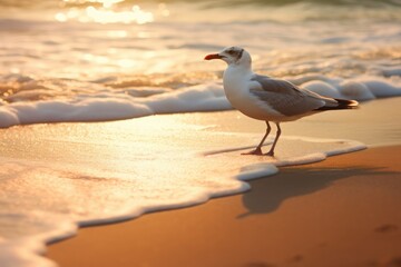 "Seagull on the Beach at Sunset – Peaceful Ocean Scene and Seaside Beauty"