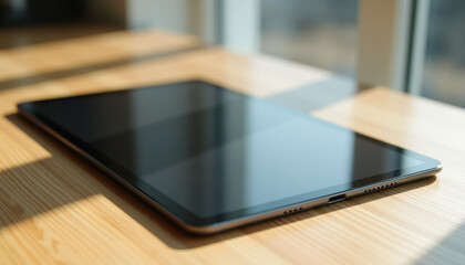 A sleek tablet rests flat on a wooden surface, surrounded by warm sunlight streaming through a nearby window. The tablet's screen is off, highlighting its reflective and metallic edges