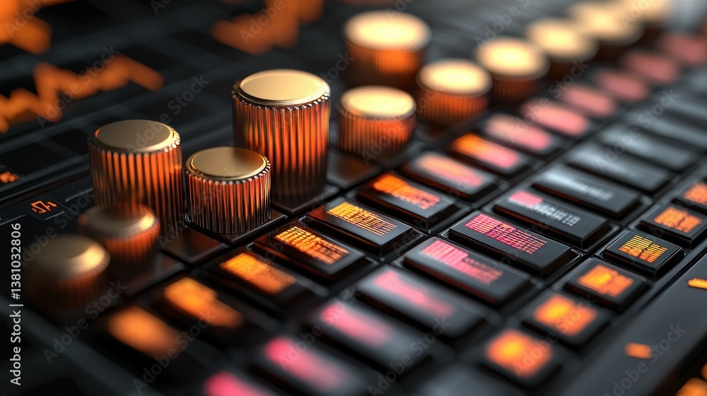 Poster close-up of a sophisticated audio mixing console with illuminated controls and knobs, showcasing a h