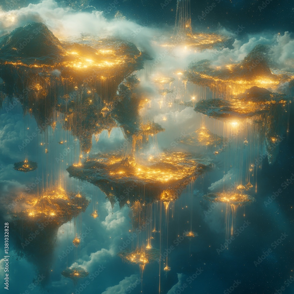 Poster celestial isles: an ethereal realm of floating lands bathed in golden light and whispering through t