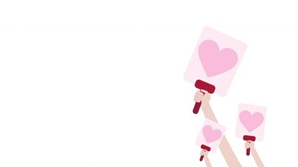 Hands grabbing a placard sign with a heart waving on white background with copy space. Concept of love, Valentine's Day, friendship, charity, voluntary, donation, solidarity, peace, gratitude, health.