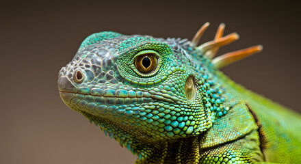 Fototapeta premium Close-up of a Green Iguana with Detailed Scales and Unique Eye