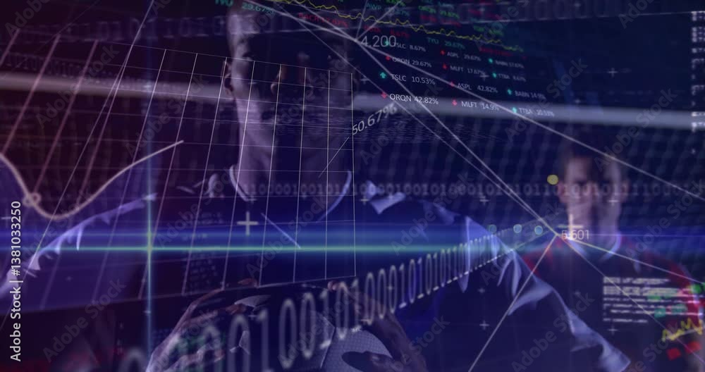 Poster digital data and binary code animation over people holding soccer ball