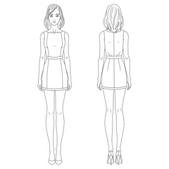 Two female line technical drawing croquis in mini dress for flat fashion sketches and cads of a woman on heels. Front and back view vector mannequin design. 