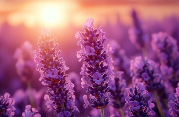 Fototapeta premium Vibrant Purple Lavender Flowers at Sunset