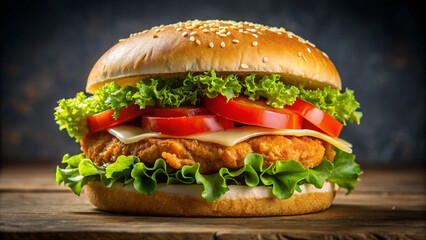 Ultra-Realistic Crispy Chicken Burger with Golden Breaded Chicken Filet, Lettuce, and Tomato – Professional Studio Photography