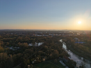 A stunning aerial view captures the beautiful and serene landscape of a river during sunset Maschsee Hannover
