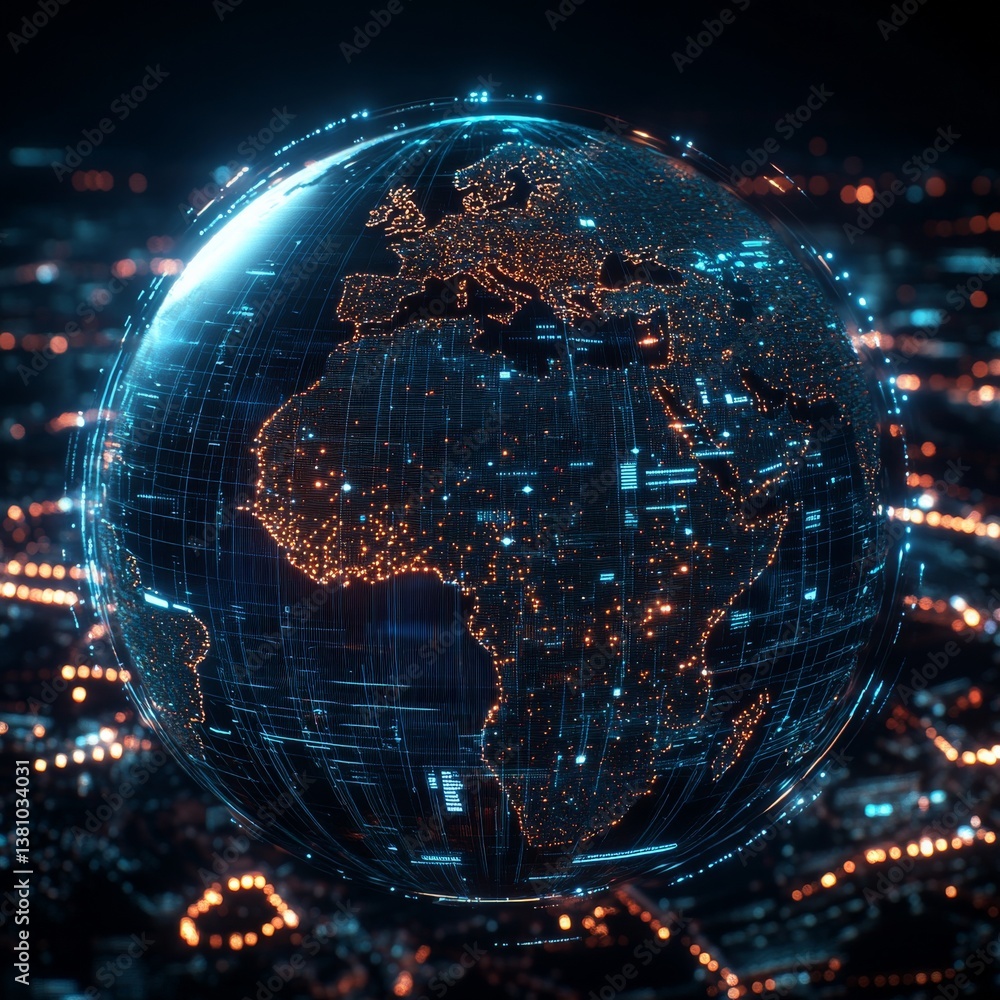 Poster digital earth: futuristic globe with glowing city lights depicting global communication and network 