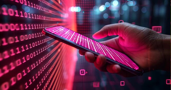 Close-up of a hand holding a smartphone, scanning a QR code, futuristic background with digital grids and holographic data displays, e-commerce and technology concept
