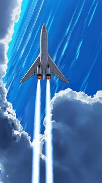 Futuristic jet soaring through stratospheric clouds with intense exhaust trails against a clear blue sky, 4k vertical video