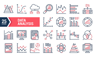 A set of 25 line icons for data analysis.