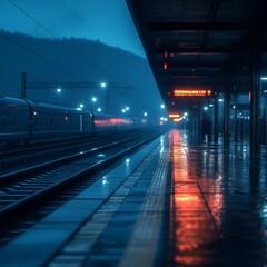 Fototapeta premium Eerie Train Station: Reflections and Rain on a Gloomy Night with a Departing Train and Misty Mountain Backdrop