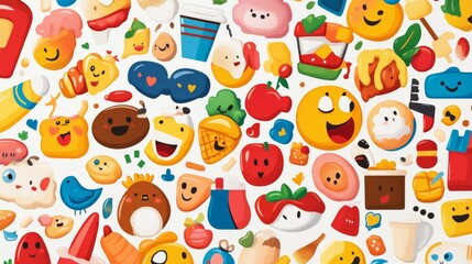 Playful emoji food stickers digital art colorful background creative design fun concept for kids
