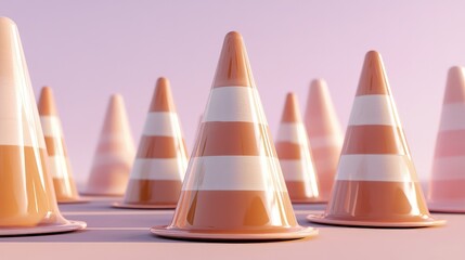 A 3D image of traffic cones arranged on a pastel background, signaling a closed road with no people present.