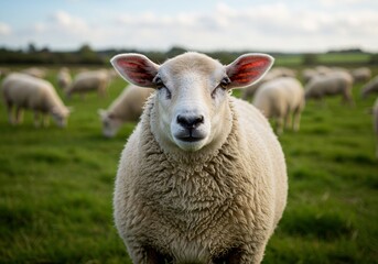 Fototapeta premium Curious White Sheep Looking Directly at Camera in Green Field with Flock