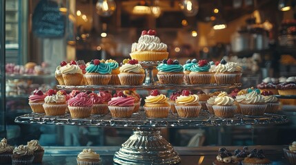 Fototapeta premium Display of colorful cupcakes. A tiered stand overflowing with assorted cupcakes, frosted in vibrant colors with fresh berries and cream. The warm, inviting display suggests a bakery or cafe