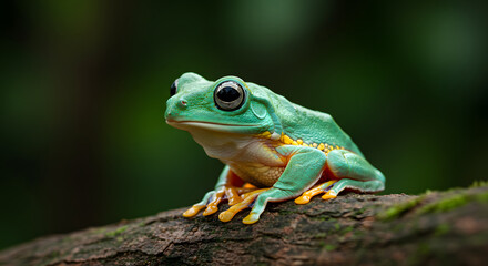 Obraz premium Green Tree Frog Resting on Branch in Rainforest Setting