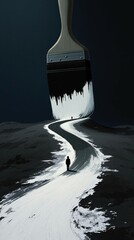 A surreal scene with a giant paintbrush painting a winding road across a barren landscape.