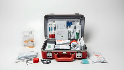 Open first aid kit with organized medical supplies and equipment on white background for emergency preparedness.  