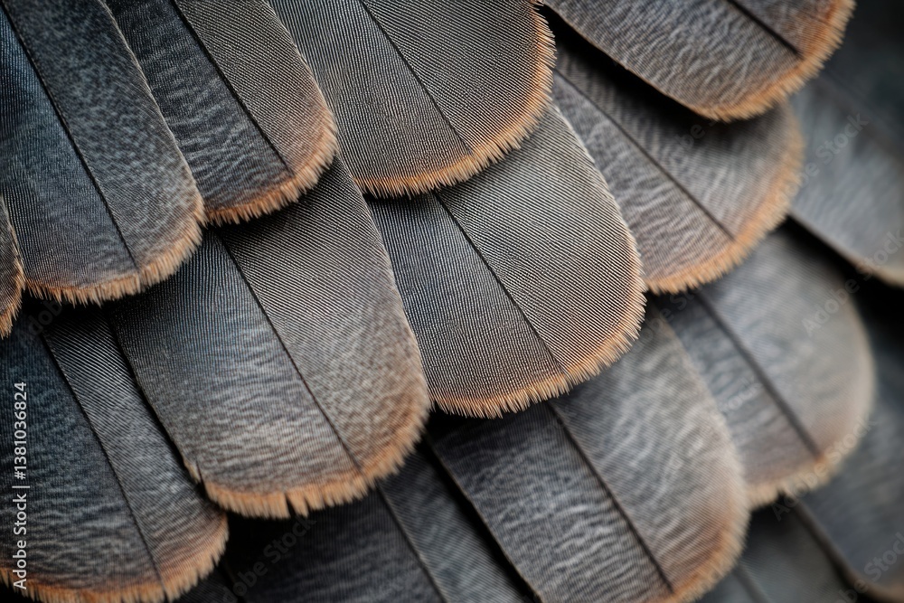 Poster close-up of overlapping bird feathers, showing intricate texture and muted gray-brown tones.