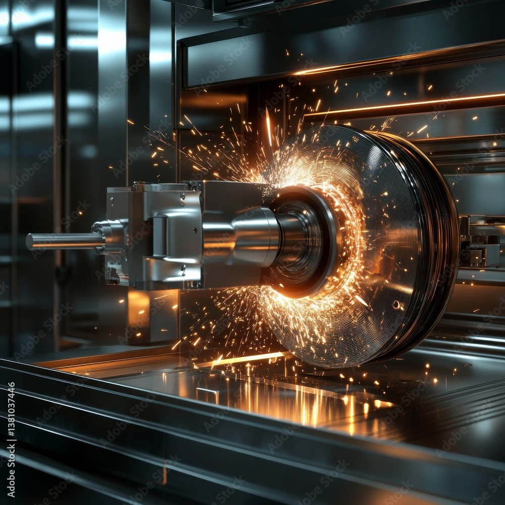 Aufkleber high-speed grinding of a metal disk in a cnc machine with showers of sparks, industrial precision an