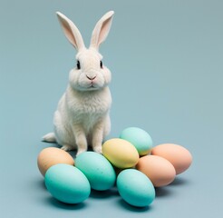 Fototapeta premium A cute, fluffy bunny seated on a nest of pastel-colored eggs, against a soft blue studio background. Generative AI