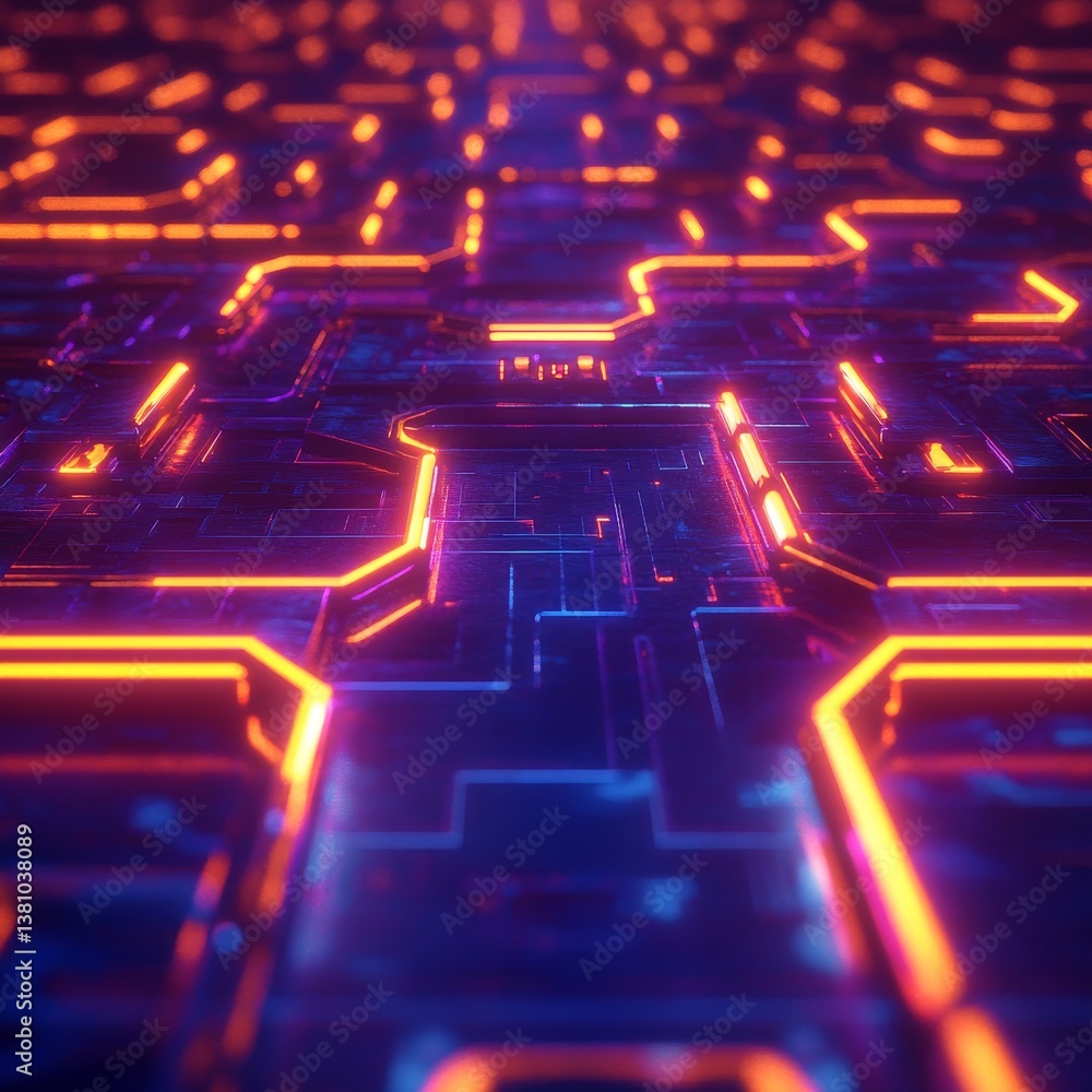Poster neon circuit board abstract illustration with depth of field, orange lights on blue background