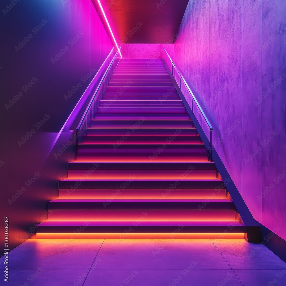 Poster Neon Ascent: A Stairway Illuminated with Vibrant Light and Modern Architecture
