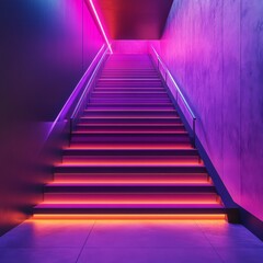 Neon Ascent: A Stairway Illuminated with Vibrant Light and Modern Architecture