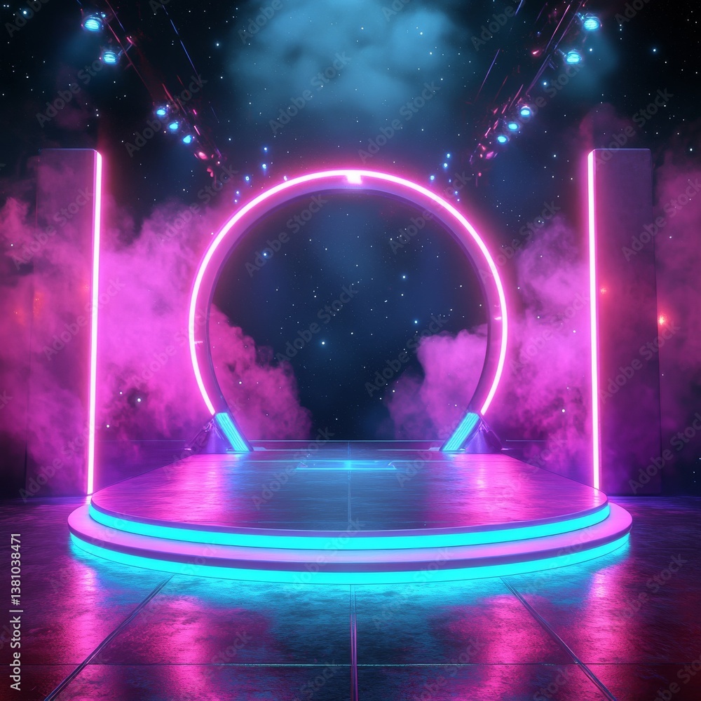 Aufkleber Neon Stage in the Void: A vibrant circular portal illuminated with pink and cyan lights against a starry sky backdrop.