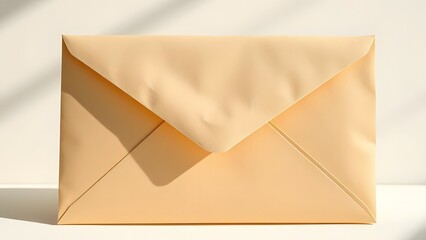 Beige paper envelope with closed flap isolated on a light background in bright natural sunlight.  